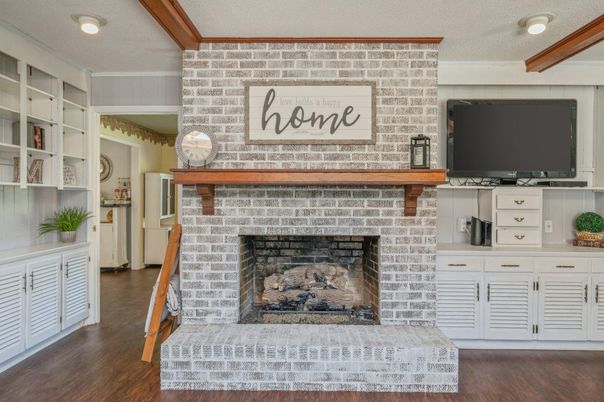 Fireplace, Interior, Recessed Lighting, Wood Texture Flooring