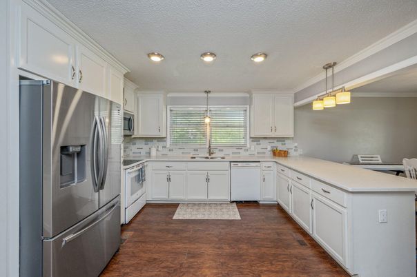 Interior, Kitchen, Pendant Lights, Recessed Lighting, Stainless Steel Appliances, Wood Texture Flooring