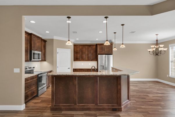 Chandelier, Interior, Kitchen, Pendant Lights, Recessed Lighting, Stainless Steel Appliances, Wood Texture Flooring