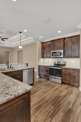 Interior, Kitchen, Pendant Lights, Recessed Lighting, Stainless Steel Appliances, Wood Texture Flooring