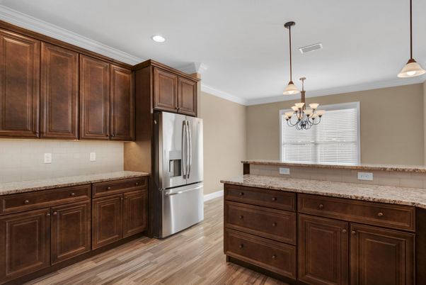 Chandelier, Interior, Kitchen, Pendant Lights, Recessed Lighting, Wood Texture Flooring