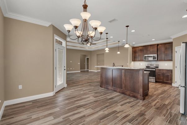 Chandelier, Interior, Kitchen, Pendant Lights, Recessed Lighting, Stainless Steel Appliances, Wood Texture Flooring