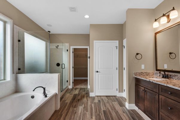 Bathroom, Dual Sink Vanities, Glass Shower, Interior, Recessed Lighting, Wood Texture Flooring