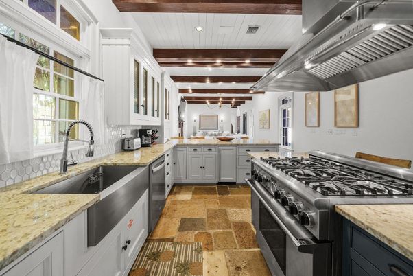 Interior, Kitchen, Recessed Lighting, Stainless Steel Appliances, Wooden Beams
