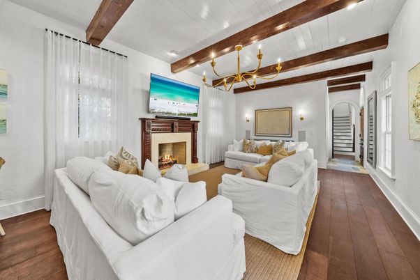 Fireplace, Interior, Living room, Recessed Lighting, Wooden Beams, Wood Texture Flooring