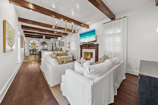 Dining room, Fireplace, Interior, Kitchen, Living room, Pendant Lights, Wooden Beams, Wood Texture Flooring