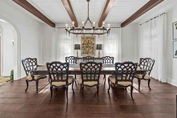 Chandelier, Dining room, Interior, Wooden Beams, Wood Texture Flooring