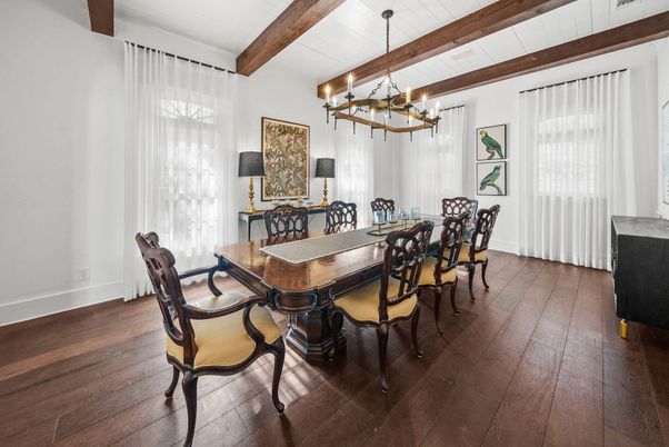 Chandelier, Dining room, Interior, Wooden Beams, Wood Texture Flooring