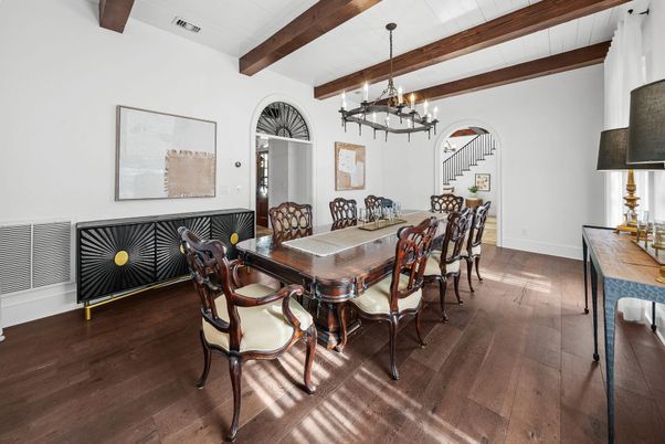 Chandelier, Dining room, Interior, Wooden Beams, Wood Texture Flooring
