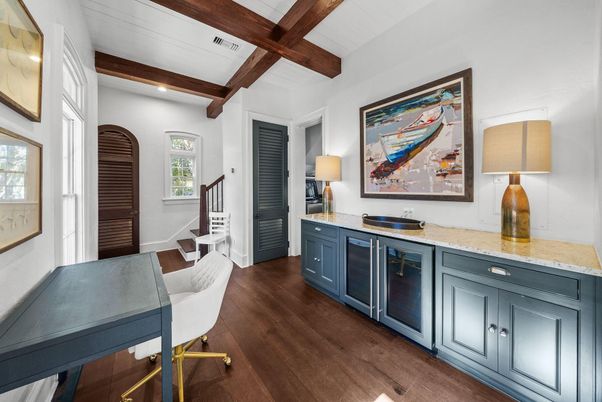 Home Office, Interior, Recessed Lighting, Wooden Beams, Wood Texture Flooring