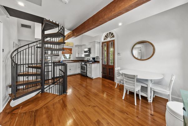 Dining room, Interior, Kitchen, Recessed Lighting, Wooden Beams, Wood Texture Flooring