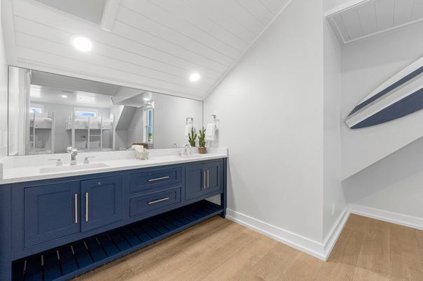 Bathroom, Dual Sink Vanities, Interior, Recessed Lighting, Wood Texture Flooring