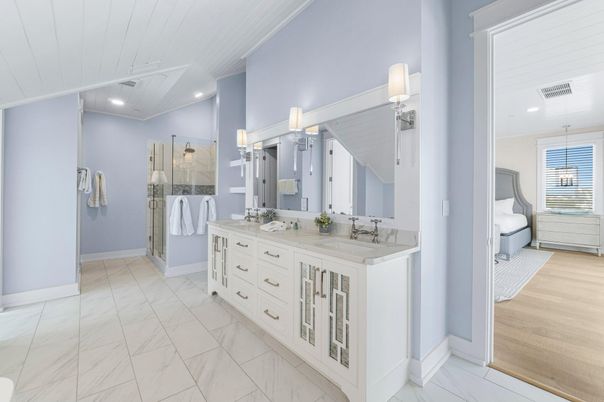 Bathroom, Dual Sink Vanities, Glass Shower, Interior, Marble, Pendant Lights, Recessed Lighting