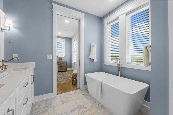 Bathroom, Dual Sink Vanities, Free Standing Baths, Interior, Marble, Recessed Lighting