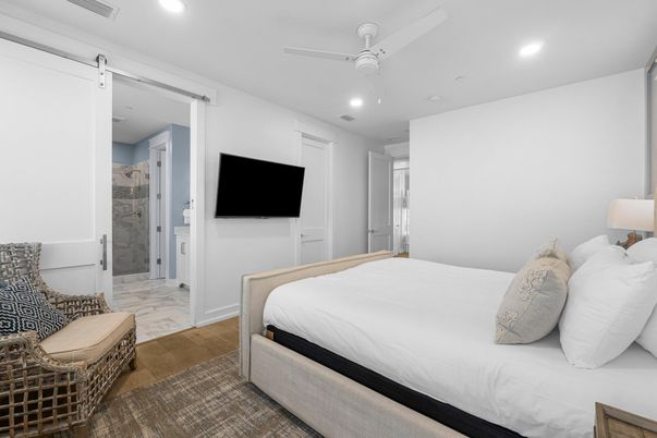 Bathroom, Bedroom, Glass Shower, Interior, Recessed Lighting, Wood Texture Flooring