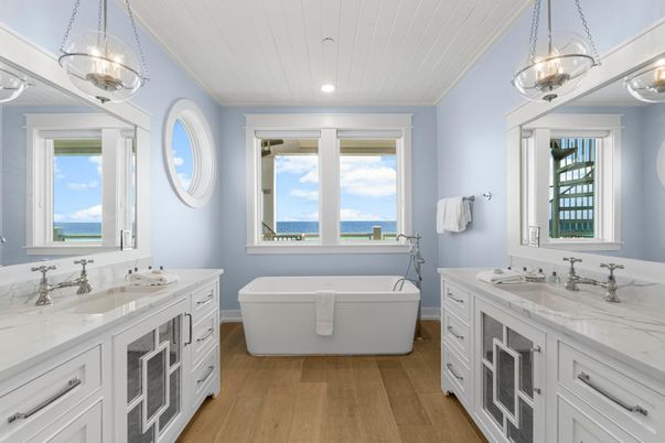 Bathroom, Dual Sink Vanities, Free Standing Baths, Interior, Pendant Lights, Recessed Lighting, Water, Wood Texture Flooring