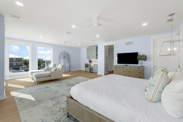 Bedroom, Interior, Pendant Lights, Recessed Lighting, Wood Texture Flooring