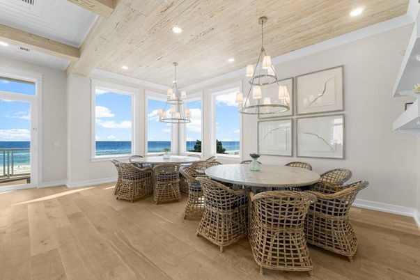 Chandelier, Dining room, Interior, Pendant Lights, Recessed Lighting, Water, Wooden Beams, Wooden Ceilings, Wood Texture Flooring