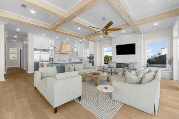 Fireplace, Interior, Kitchen, Living room, Pendant Lights, Recessed Lighting, Stone Walls, Wooden Beams, Wood Texture Flooring