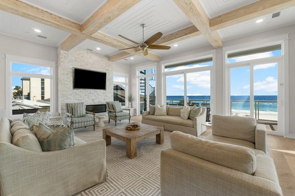 Fireplace, Interior, Living room, Recessed Lighting, Stone Walls, Water, Wooden Beams, Wood Texture Flooring