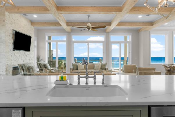 Interior, Kitchen, Recessed Lighting, Stone Walls, Water, Wooden Beams