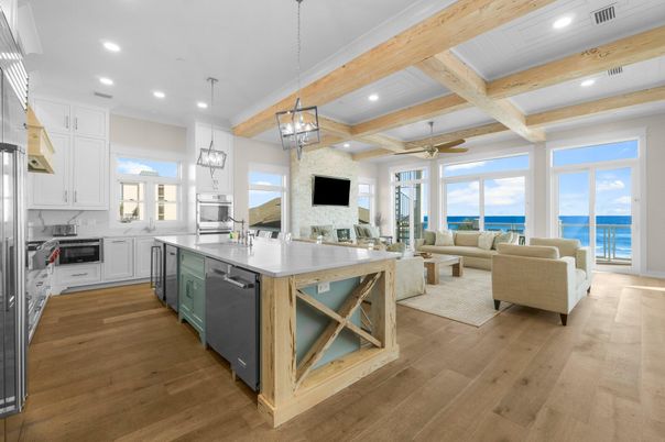 Interior, Kitchen, Living room, Pendant Lights, Recessed Lighting, Stainless Steel Appliances, Water, Wooden Beams, Wood Texture Flooring