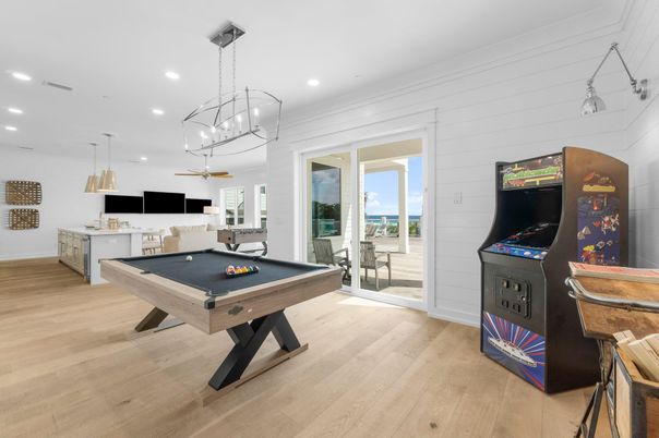 Billiard Table, Game Room, Interior, Pendant Lights, Recessed Lighting, Wood Texture Flooring