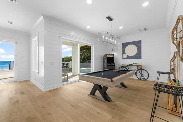 Billiard Table, Game Room, Interior, Pendant Lights, Recessed Lighting, Wood Texture Flooring
