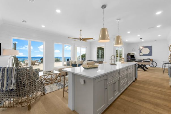 Dining room, Interior, Kitchen, Living room, Pendant Lights, Recessed Lighting, Water, Wood Texture Flooring