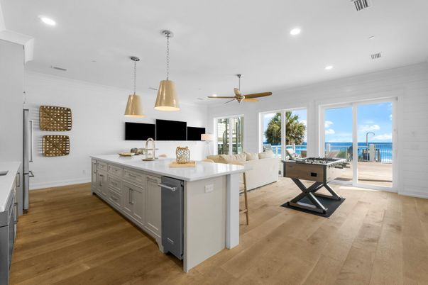 Interior, Kitchen, Pendant Lights, Recessed Lighting, Water, Wood Texture Flooring