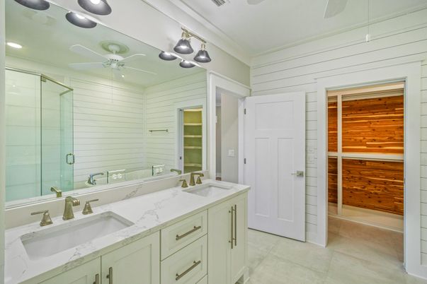 Bathroom, Dual Sink Vanities, Glass Shower, Interior, Recessed Lighting