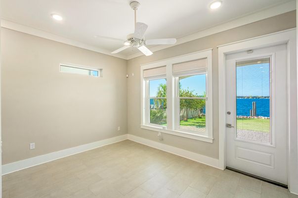 Empty room, Interior, Recessed Lighting, Water, Wood Texture Flooring