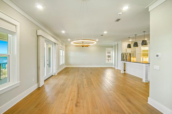 Empty room, Interior, Pendant Lights, Recessed Lighting, Wood Texture Flooring