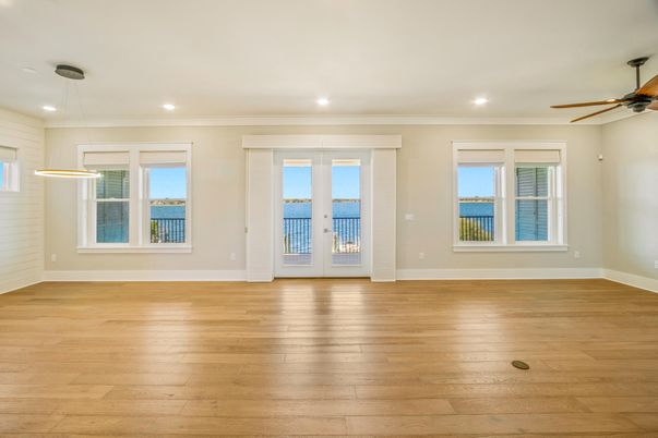 Empty room, Interior, Pendant Lights, Recessed Lighting, Water, Wood Texture Flooring