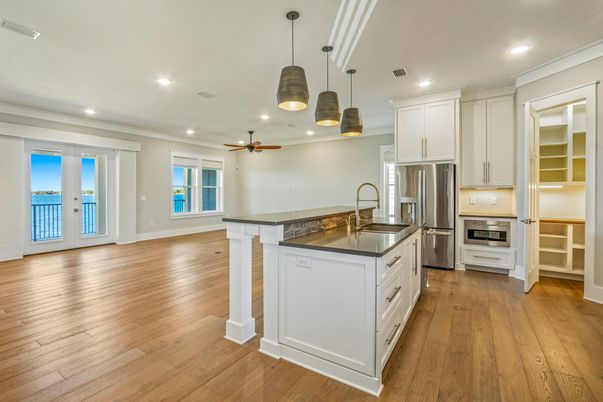Interior, Kitchen, Pendant Lights, Recessed Lighting, Stainless Steel Appliances, Wood Texture Flooring