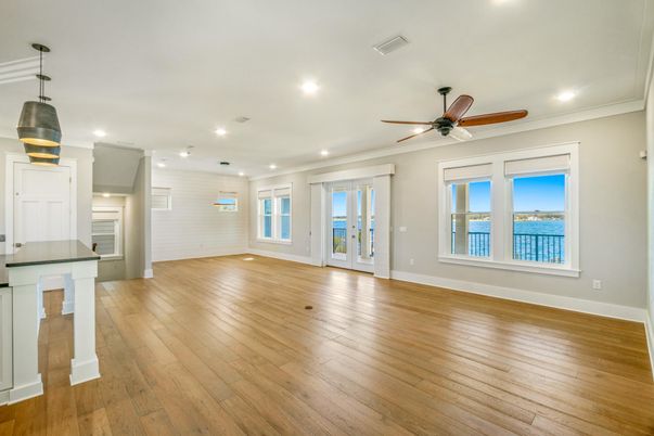 Empty room, Interior, Pendant Lights, Recessed Lighting, Water, Wood Texture Flooring