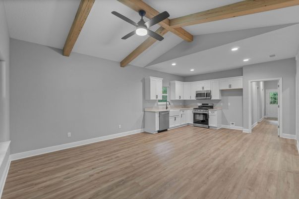 Interior, Kitchen, Recessed Lighting, Stainless Steel Appliances, Wooden Beams, Wood Texture Flooring