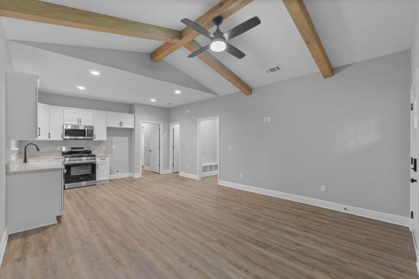 Interior, Kitchen, Recessed Lighting, Stainless Steel Appliances, Wooden Beams, Wood Texture Flooring