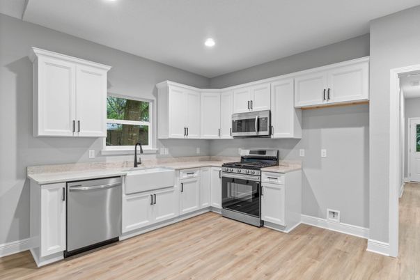 Interior, Kitchen, Recessed Lighting, Stainless Steel Appliances, Wood Texture Flooring