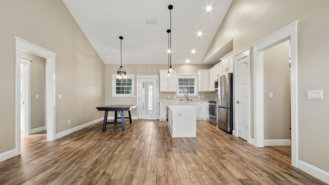 Interior, Kitchen, Pendant Lights, Recessed Lighting, Wood Texture Flooring