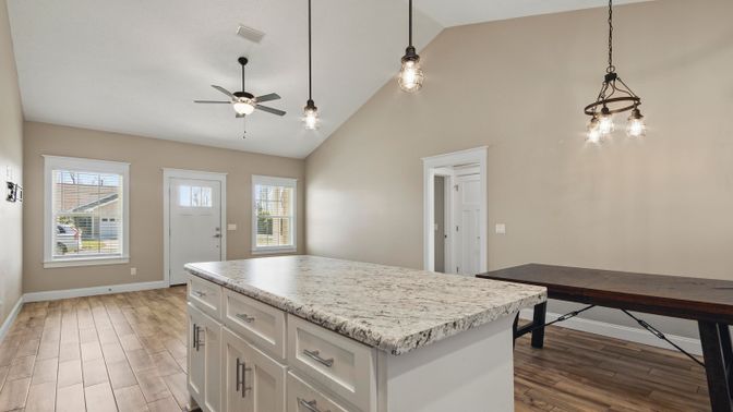 Interior, Kitchen, Pendant Lights, Wood Texture Flooring