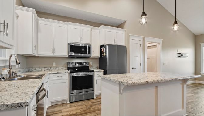 Interior, Kitchen, Pendant Lights, Stainless Steel Appliances, Wood Texture Flooring