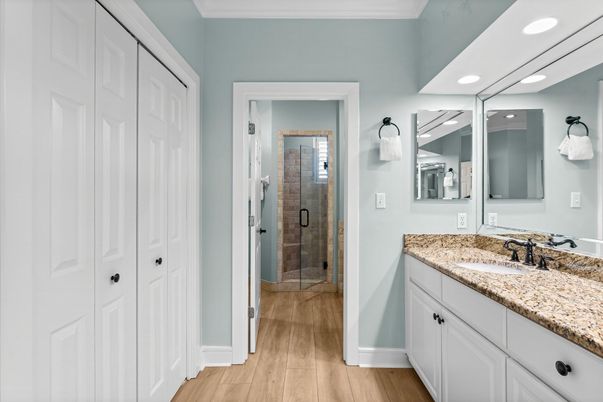 Bathroom, Glass Shower, Interior, Recessed Lighting, Wood Texture Flooring