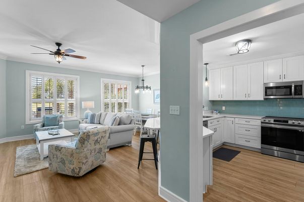 Dining room, Interior, Kitchen, Living room, Pendant Lights, Stainless Steel Appliances, Wood Texture Flooring