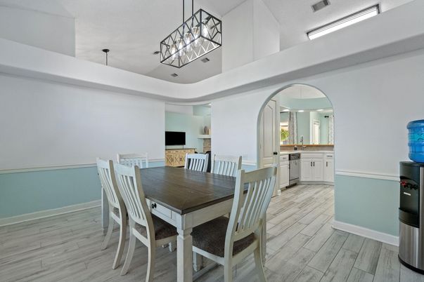 Dining room, Interior, Pendant Lights, Wood Texture Flooring