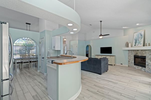 Dining room, Fireplace, Interior, Kitchen, Living room, Pendant Lights, Recessed Lighting, Wood Texture Flooring