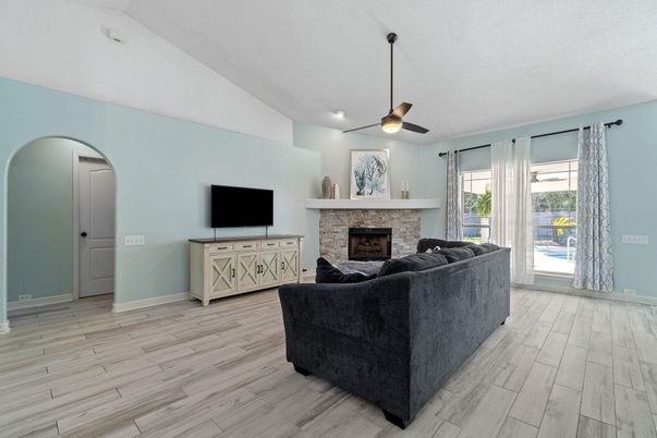 Fireplace, Interior, Living room, Recessed Lighting, Wood Texture Flooring