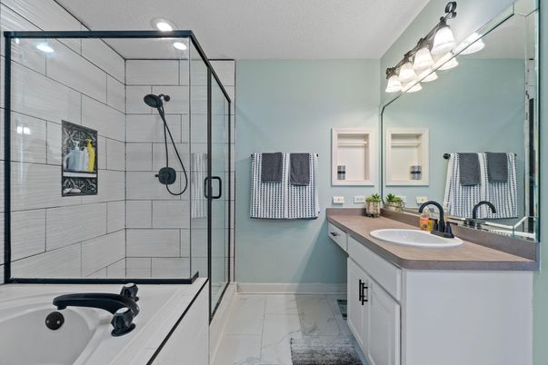 Bathroom, Dual Sink Vanities, Glass Shower, Interior, Marble, Recessed Lighting