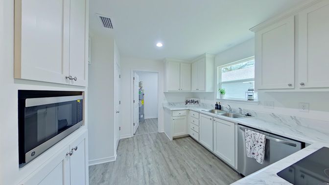 Interior, Kitchen, Recessed Lighting, Wood Texture Flooring