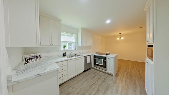 Interior, Kitchen, Recessed Lighting, Wood Texture Flooring